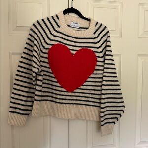 Old Navy Blue and cream Striped Sweater with Red Heart